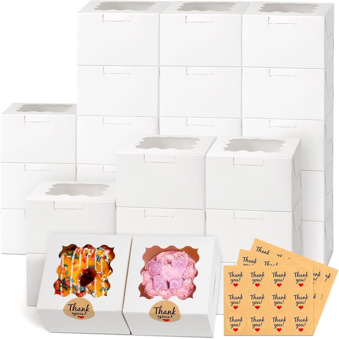 26pcs White Cookie Boxes with Window, 4x4x2.5 Inches Small Bakery Boxes with 36pcs Stickers, for Mini Cake Cookies Treat Dessert Pastry Donuts Macaroon Strawberries Chocolate Cupcakes Candy