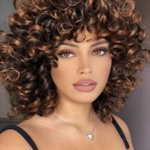 AIDUSA Short Loose Curly Wigs for Black Women Ombre Wig with Bangs Brown Short Curly Wig Afro Synthetic Half Wigs for Women Soft Hair (#T33 Black to Brown)