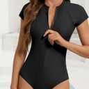 American Trends Womens Short Sleeve One Piece Swimsuits 2025 Modest Rash Guard, Zip Up High Neck Full Coverage Bathing Suits (Medium, Black)