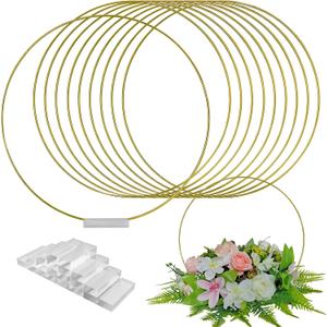 TEKXYZ 14 Inch Gold Metal Floral Hoops with Transparent Acrylic Bases for Table Centerpiece Decoration - Pack of 10