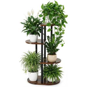 Tiered Plant Stand Indoor, Tall 4 Tier 5 Potted Wooden Plant Shelf for Multiple Flower Plants, Multi Corner Metal Plant Holder Indoor for Patio Garden Patent Design Living Room Balcony Bedroom, Rustic Brown