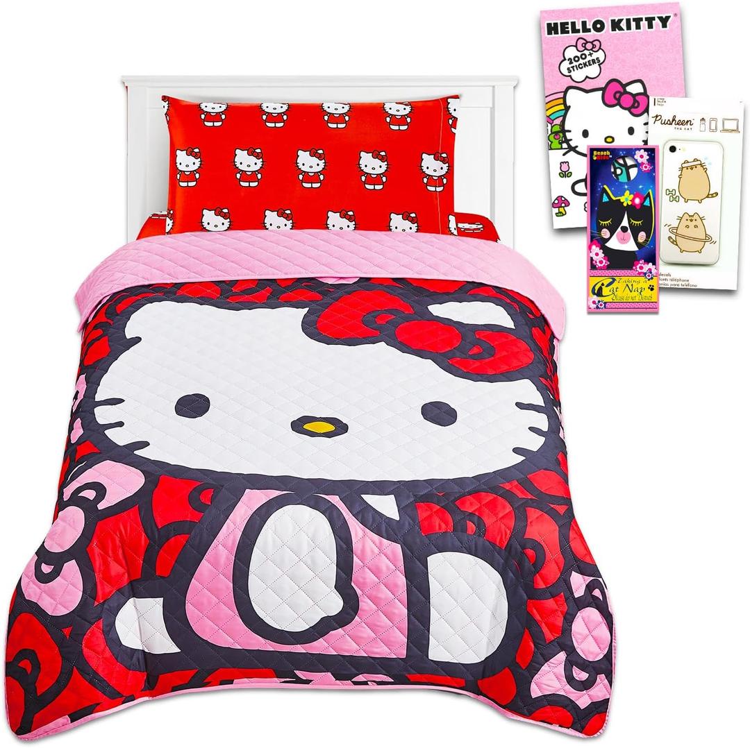 Hello Kitty Bedding Set Twin Bed - Bundle with Bedspread, Flat Sheet, Fitted Sheet, and Pillowcase for Twin Bed Plus Stickers, More