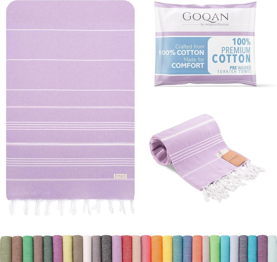 GOQAN Turkish Beach Towel Oversized 39x71 | Thin, Lightweight, 100% Cotton and Sand Free Towel is Suitable for Beach, Bathroom, Pool, Travel, Swim | Odor Free Thx to Quick Dry Property - Light Lilac