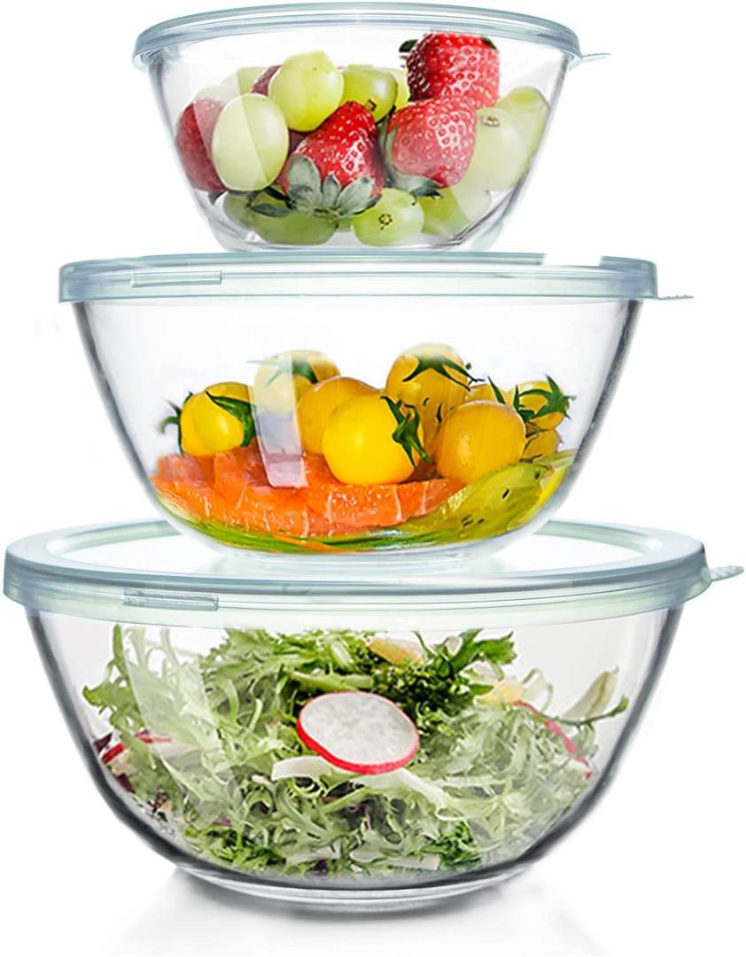 Glass Mixing Bowls Glass Bowls with Lids Set(4.5QT,2.7QT, 1.1QT),Large Salad Bowls,glass mixing bowl Space-Saving Nesting bowls storage bowls for Cooking,Baking,Prepping,Dishwasher Safe