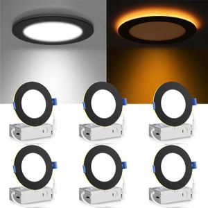 Meconard 6 Pack 4 Inch 5CCT LED Recessed Ceiling Light with Night Light, 2700K/3000K/3500K/4000K/5000K Selectable Ultra-Thin Lighting, 9W=75W, 750LM, Dimmable Canless Wafer Downlight, Black Trim