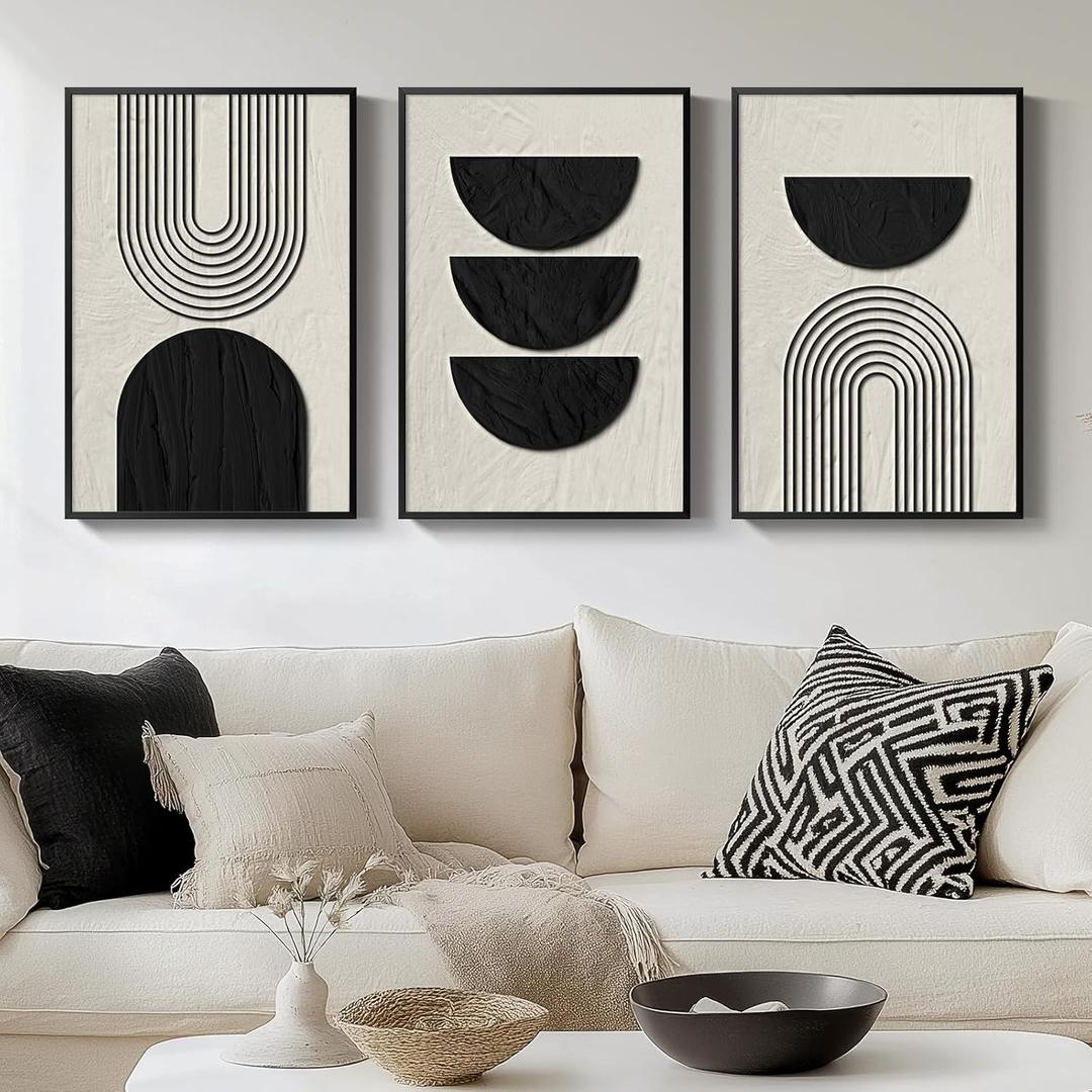 VAN GOGH ART Framed Boho Black & White Abstract Wall Art, 3 Piece Canvas Prints, Geometric Pictures for Bedroom, Living Room, Home Office, Hallway - 16x24 Inch