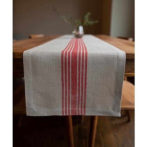 Solino Home Stripe Linen Table Runner 72 Inches Long - 100% Pure Linen Red and Natural Farmhouse Table Runner 14 x 72 Inch for Dining, Dresser, Mothers Day, Spring, Summer