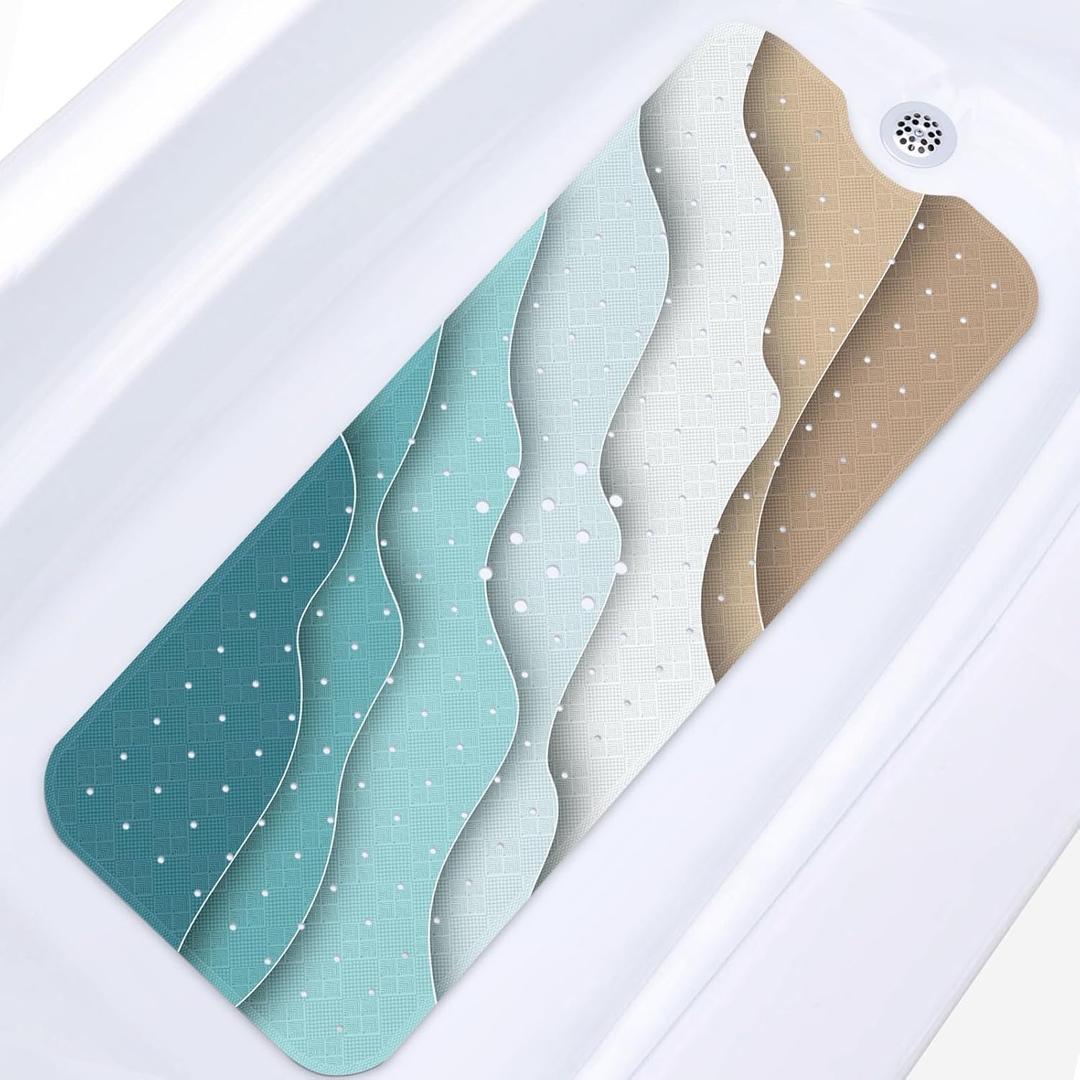 Blue Abstract Beach Bath Mat for Tub Non Slip, Blue Sea 40 X 16 Inch Extra Long Bathtub Mat for Tub Anti Slip with Suction Cups and Drain Holes for Kids Adults Elderly