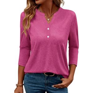 TICTICMIMI Women's V Neck 3/4 Sleeve Tops Button Down Casual T Shirts Basic Loose Fit Tunic Blouse (S)