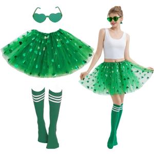 Adult Women St. Patricks Day Green Tutu Skirt with Scock Set Teens Shamrock Dress-Up Irish Party Clover Tutu Costumes (Green, L)