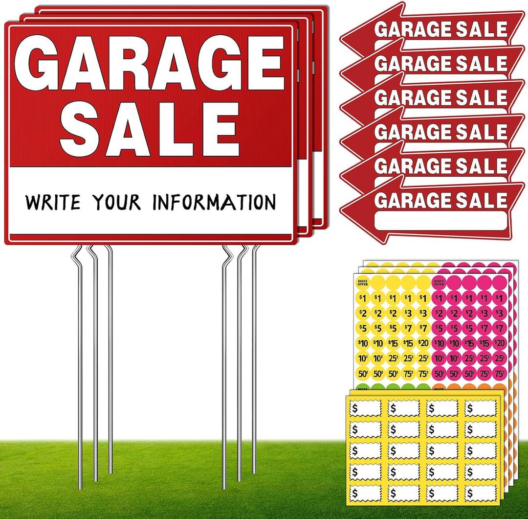14Pcs Garage Sale Signs,17" x 13",Garage Sale Arrows Yard Sign Double Sided with Metal Stake, Sale Pricing Stickers,Directional Arrows & Fluorescent Neon Stickers, Yard Sale Supplies
