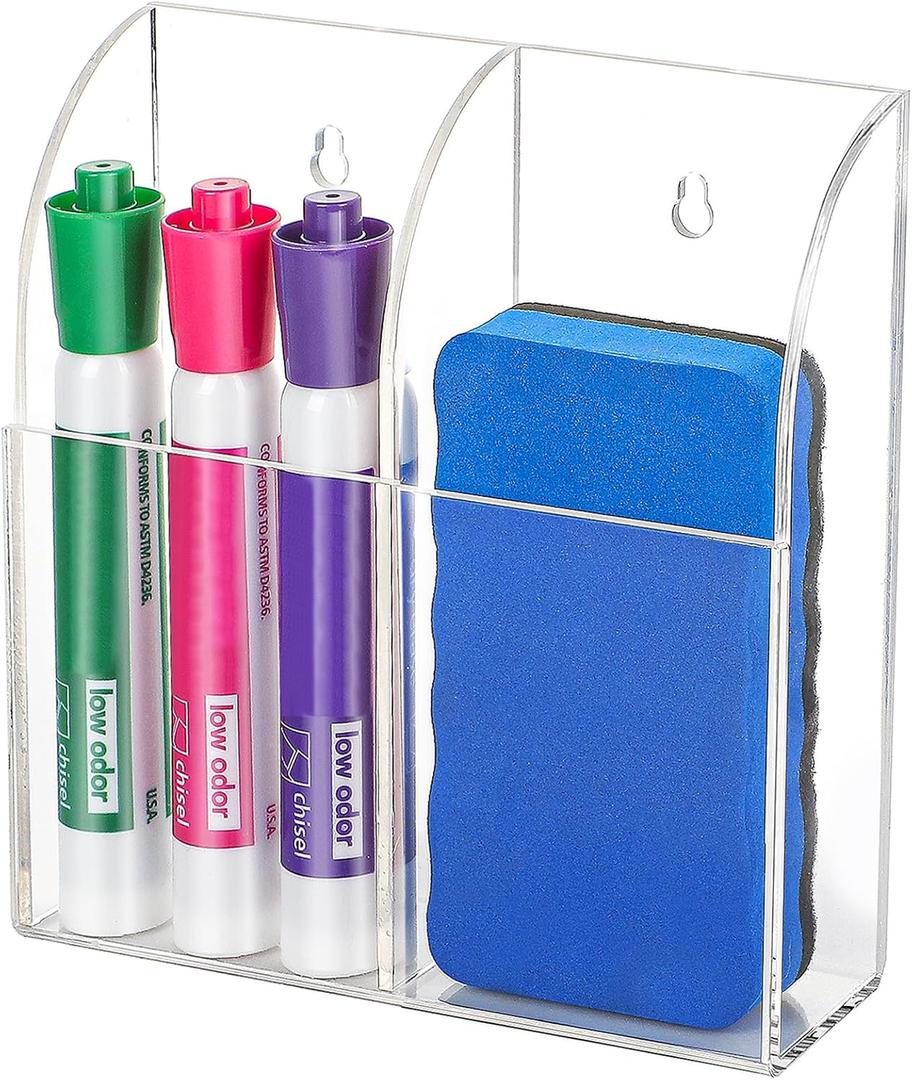 MaxGear Wall Marker Holder & Remote Control Organizer  Clear Acrylic 2-Compartment Dry Erase Board Marker & Pen Holder for Wall Mount, Includes Adhesive & Screws for Home/Office/Classroom