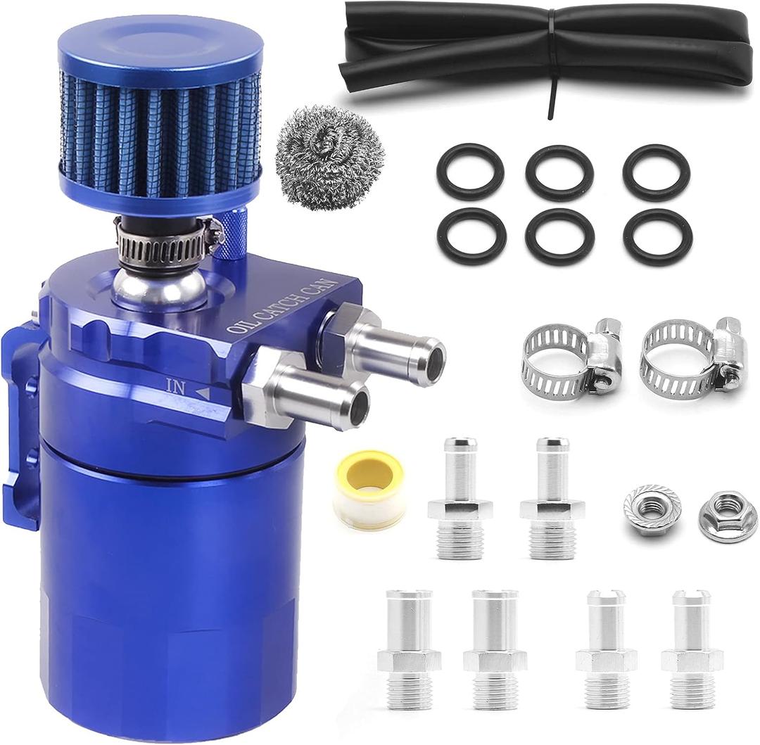 muge racing Universal Oil Catch Can Tank Kit Polish Baffled Reservoir with Breather Filter with 3/8" Fuel Line, Aluminum, Blue, 400ml