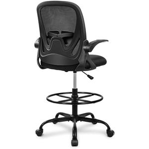 Primy Drafting Chair Tall Office Chair with Flip-up Armrests Executive Ergonomic Computer Standing Desk Chair with Lumbar Support and Adjustable Footrest Ring (Black)