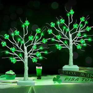Prelit & Timer - St. Patrick's Day Tree Decorations, 2 Pack 18 Inch Tabletop Lighted Birch Tree with Lucky Shamrocks Lights 24 Green Lights Battery Operated St. Patrick's Day Decoration Indoor Home