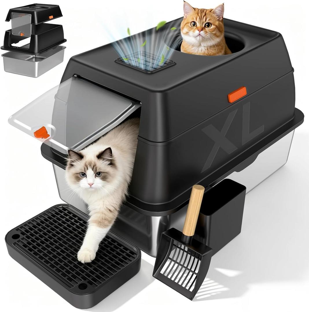 Extra Large Stainless Steel Litter Box with Lid, High Sided Enclosed Metal Cat Litter Pan, Dog Proof Front Entry Top Exit, Odor Control Easy Clean Leak Proof, Includes Scoop & Step, Black