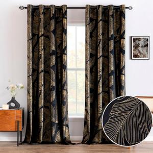 MIULEE Black Velvet Blackout Curtains 84 Inches Long 2 Panels Set, Gold Leaf Patterned Printed Curtains for Bedroom Living Room Soft Room Darkening Thermal Insulated Grommet Luxury Window Drapes