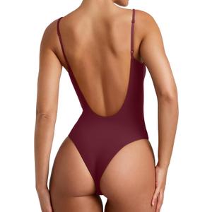 REORIA Womens Sexy Trendy Open Back V Neck Spaghetti Strap Backless Trendy Cami Bodysuit Tops (Large, Burgundy)