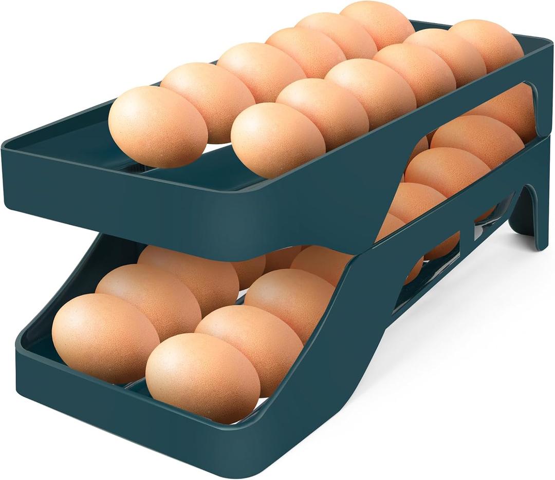 Egg Holder for Fridge Automatic Rolling Egg Dispenser for Refrigerator Kitchen Countertop - Space-saving Egg Roller/Organizer/Storage/Container/Tray for Fridge Double Track (Dark Blue)