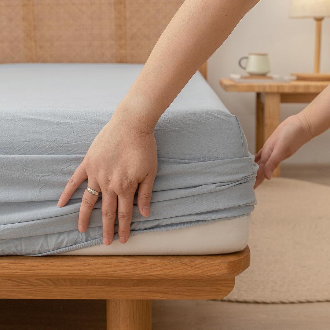 BESTOUCH Queen Fitted Bottom Sheet - 100% Washed Cotton Linen-Like, Deep Pocket Fits up to 17" Mattress, All Season Breathable, Softer with Every Wash Cornflower Blue