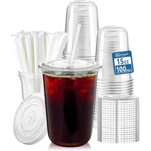 Homestockplus 15 oz Clear PET Plastic Cups with Lids and Straws - 100 Pack Leak-Proof Disposable Plastic Coffee Cups Iced Coffee Cups for Smoothies, Bubble Tea & To-Go Cold Drinks