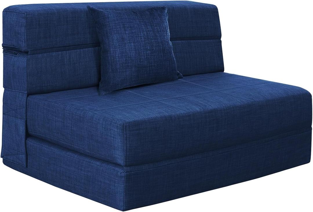 Folding Sofa Bed Couch Memory Foam with Pillow Sleeper Chair Lazy Couch Twin Size Futon Convertible Guest Beds, Washable Cover, Dark Blue