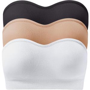 Strapless Bras for Women, Wirefree Non-Slip Seamless Strapless Bra Bandeau Tops for Women (Large, Black+Beige+White)