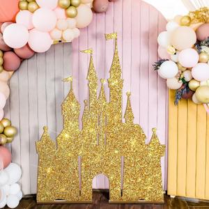 Seenelling Large Castle Backdrop Stand Wooden Castle Fairytale Princess Birthday Party Decoration Photobooth Backdrop Centerpiece Supplies for Birthday Party Decorations (Gold)