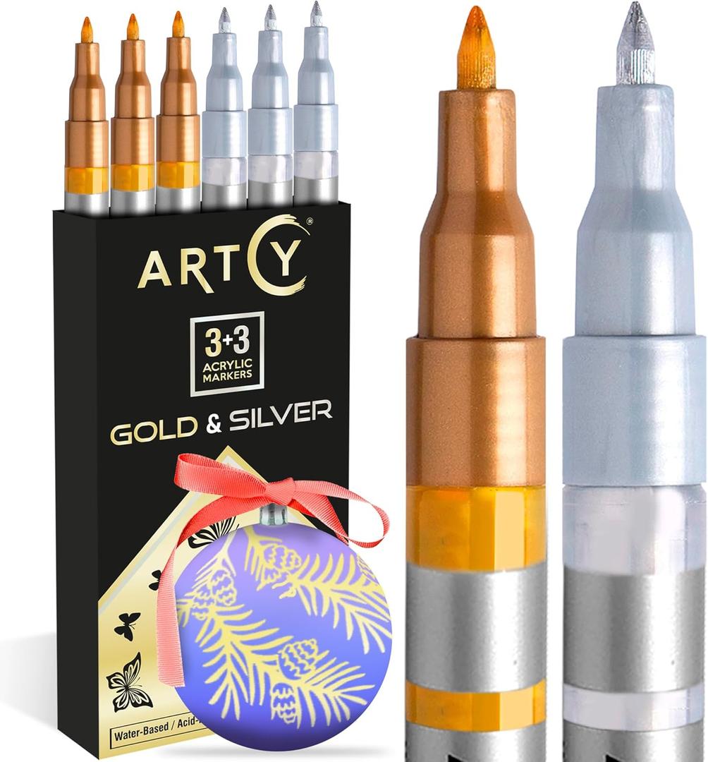 Acrylic Paint Pens - 3 Gold and 3 Silver Acrylic Paint Markers Extra Fine Tip (0.7mm) | Great for Rock Painting, Canvas, Glass, Porcelain, Fabric, Paper, Pottery and Plastic (1 Count (Pack of 6))