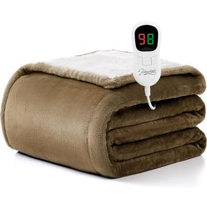 Homemate Electric Heated Blanket Throw - 50"x60" Heating Blanket Throw Size 1/2/4/6/8 Hours Auto-off 10 Heat Level Heat Blanket Over-heat Protection Flannel Sherpa Big Heater Blanket ETL Certification (Beige)