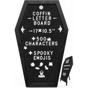 Coffin Letter Board Black +650 Characters Include Spooky & Seasonal Emojis, Wooden Stand - 17x10.5 Inches - Coffin Shaped Goth Decor Sign Witchy Halloween Decorations Gothic Decor Birthday Wedding Home Spooky Gifts