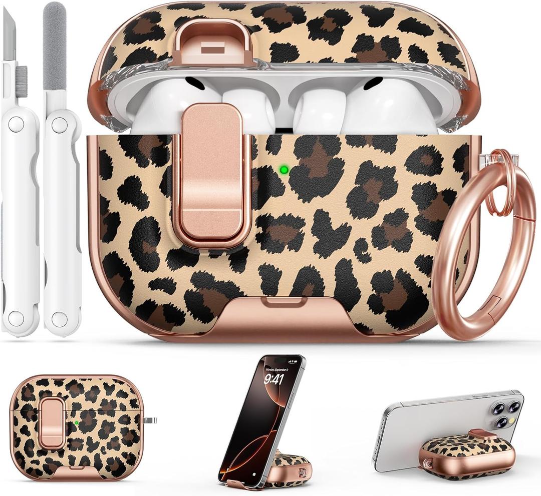 For AirPods Pro 3 Case 2025, with Safty Lock & Phone Stand for Floral AirPods Pro 3 Generation Case Cover for Women Girly, iPod Pro 3 Case with Keychain & Cleaner Kit - Leopard Print