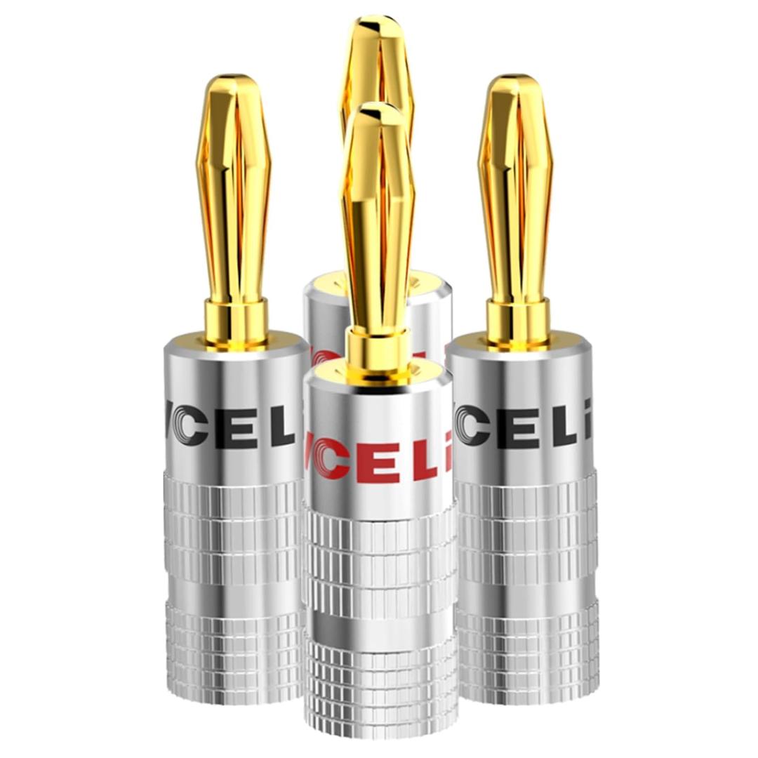 VCELINK Banana Plugs for Speaker Wire 2 Pairs/4 Pcs, 24K Gold Plated Dual-Screw Type Speaker Connector for Home Theater, Wall Plate, Audio/Video Receiver and Sound Systems (Red+Black)