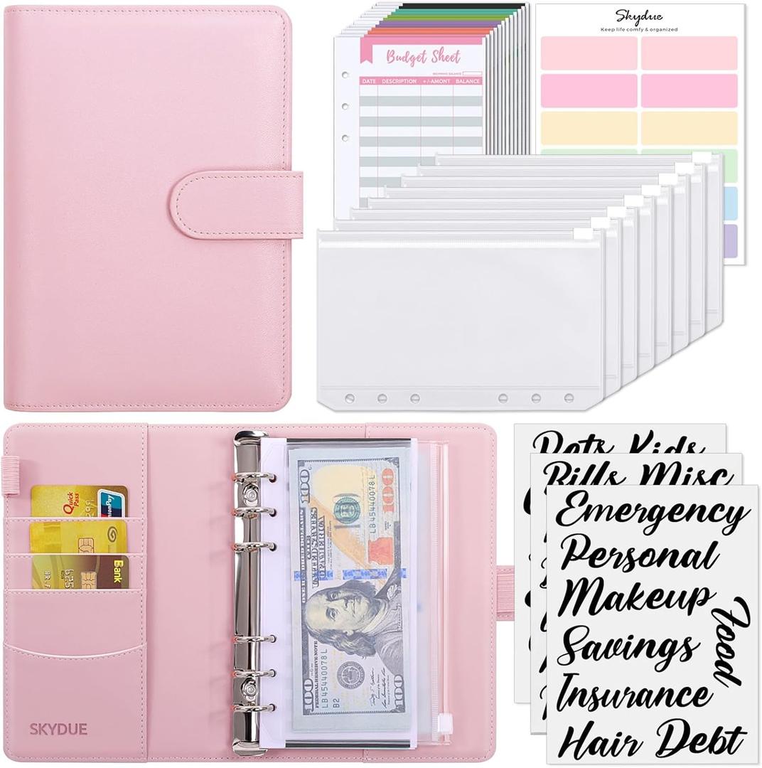 SKYDUE Budget Binder, Money Saving Binder with Zipper Envelopes, Cash Envelopes and Expense Budget Sheets for Budgeting (Pink)