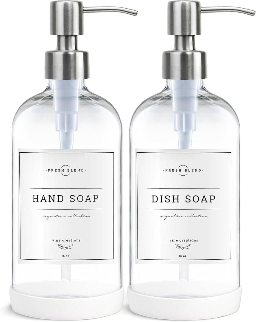 Vine Creations Clear Glass Soap Dispenser, 2 Pack Kitchen Soap Dispenser Set with Stainless Steel Pump, 16 oz Hand Soap or Dish Soap for Bathroom or Kitchen with Waterproof Labels