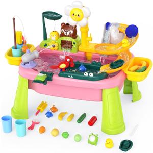 Water Table for Toddlers 1-3, Outdoor Toys for Kids Ages 4-8 with Pump, Kitchen Play Sink with Running Water, Fishing Toys Playset, Summer Outside Sand Water Sensory Activity Pool Toys Gifts, Pink