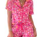 Women 2 Pieces Heart Floral Bow Pajama Sets Button-Down Short Sleeve Shirt Ruffle Short Sleepwear (XL)