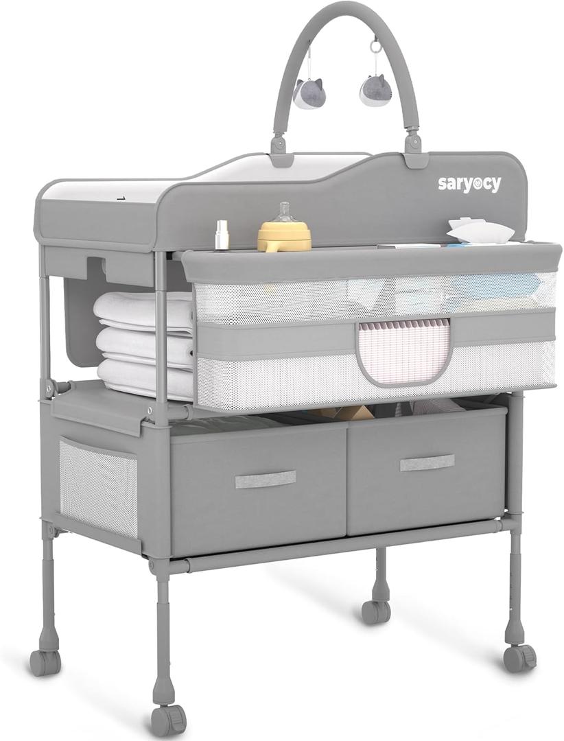 Baby Changing Table, Versatile Folding Changing Table, Waterproof Diaper Changing Station, Adjustable Height with 2 Drawers,Baby Changing Station, Mobile Nursery for Infant and Newborn, X-Large