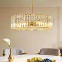 Gold Crystal Chandelier for Dining Room, 6-Light Modern Semi Flush Mount Ceiling Lighting Fixtures, Round Kitchen Fixtures Ceiling, Hanging Drum Pendant Lights for Living Room Bedroom Foyer, 19IN, E26