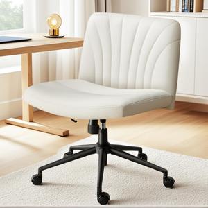 Marsail Criss Cross Chair with Wheels, Wide PU Leather Armless Desk Chair, Swivel & Height Adjustable Cross Legged Office Chair for Makeup, Small Spaces, Bedroom, Vanity (Beige)