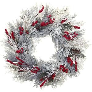 20 Inch Misty White Pine Christmas Wreath with Red Berry & Twig- Artificial Xmas Winter Wreaths for Front Door Porch Wall Window Porch Outdoor Decor (20")