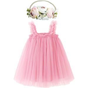 BGFKS Layered Tulle Tutu Dress for Toddler Girls,Baby Girl Rainbow Tutu Princess Skirt Set with Flower Headband. (12 Months, Pink)