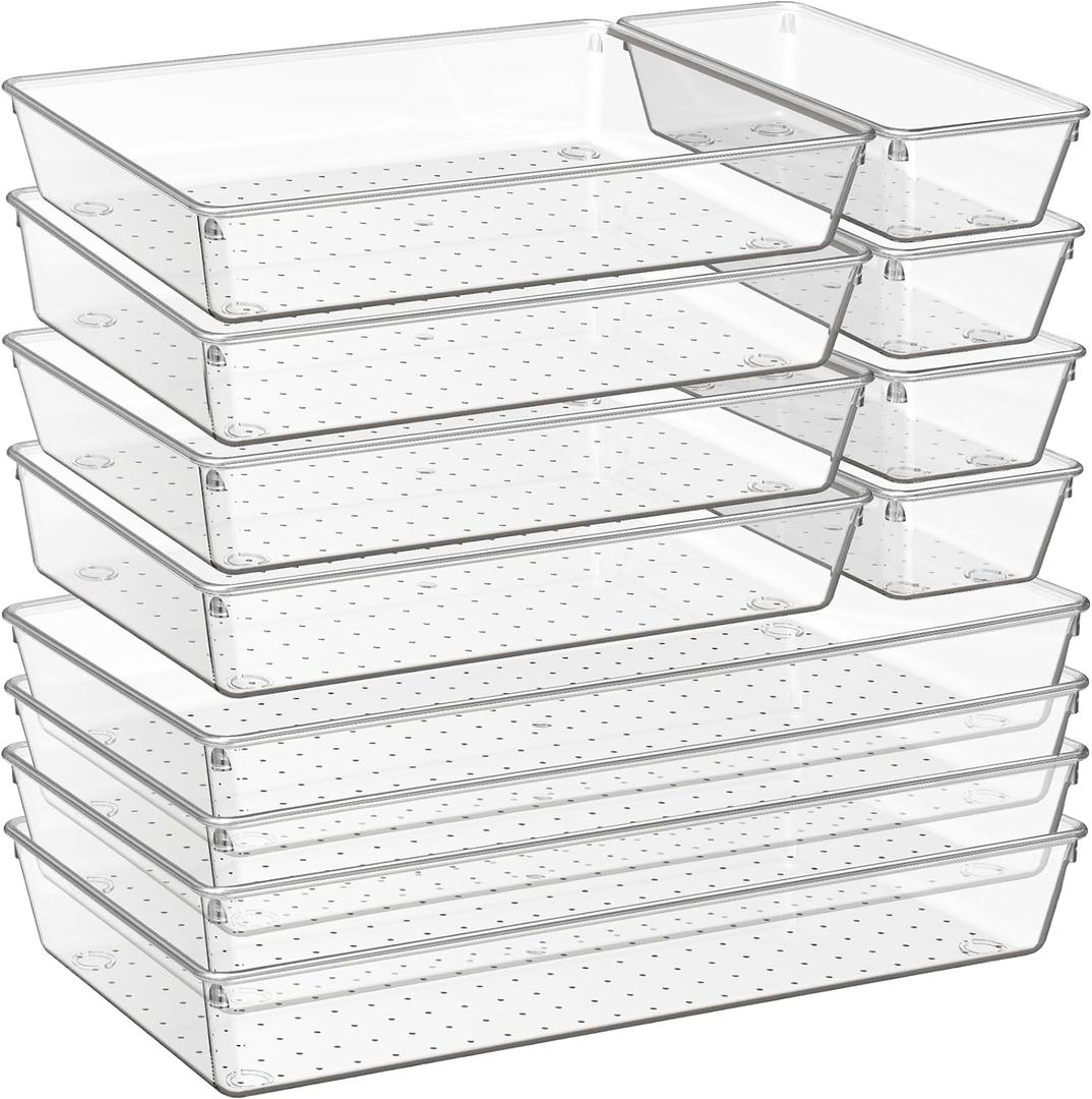 Criusia 12 Pack Large Clear Plastic Drawer Organizer Trays | MULTI-USE Acrylic Drawer Storage for Kitchen, Bathroom, Makeup, Office, School, Undies | College Dorm Room, Home Apartment Essentials