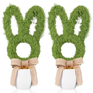 2 Pcs Easter Moss Bunny Decorations Topiary Artificial Easter Bunny Shaped Topiary Trees with Gold Bow Faux Artificial Moss Fake Green Grass Rabbit Plant Decor for Indoor Outdoor Home Porch Decor (13.39"D x 5.12"W x 3.94"H)