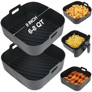 BYKITCHEN 9 Inch Square Silicone Air Fryer Liners for 6 to 8QT, Set of 2, Reusable Silicone Airfryer Tray Insert, Air Fryer Accessories for Corsori 6QT, Ninja Airfryer Pro XL 6.5QT, Gourmia & More