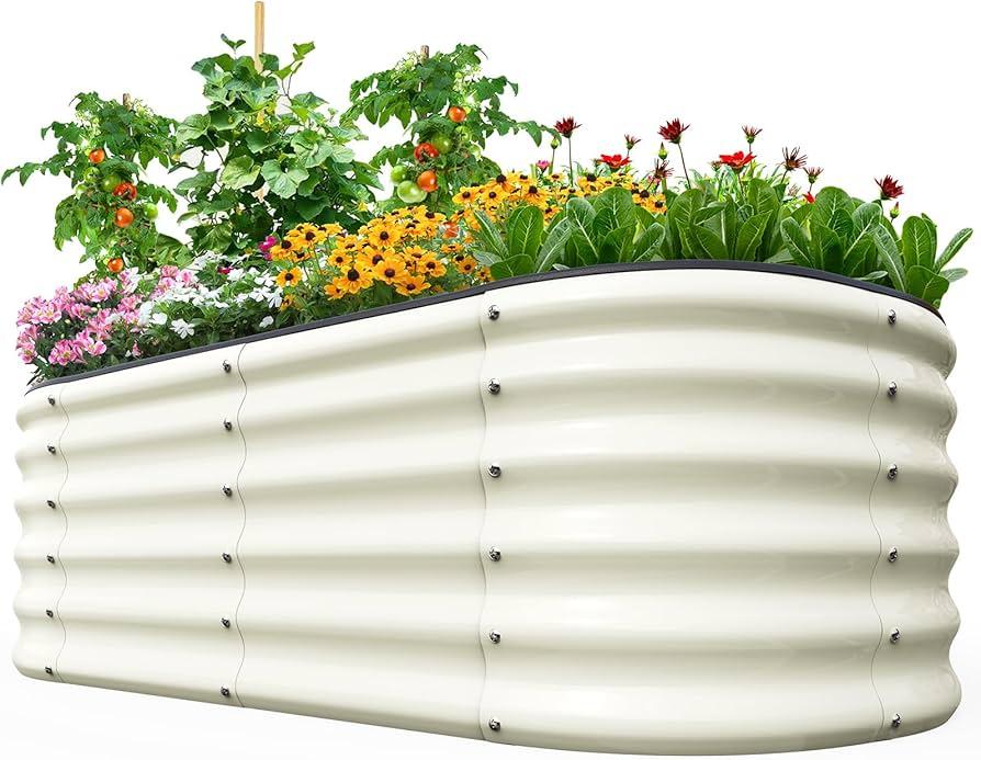 Quictent Galvanized Raised Garden Bed Kit Tall, 6x3x1.5 ft Oval Large Planting Box Rubber Strip Edging, for Vegetables Outdoor Strengthened by Crossbar (Beige)