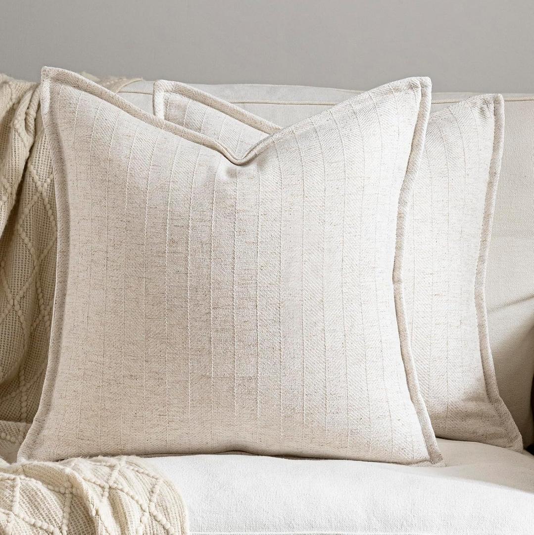 DEZENE 22x22 Linen Pillow Covers Beige Pack of 2 Farmhouse Boho Neutral Accents Striped Textured Square Decorative Throw Pillow Cases for Living Room Couch Bed Home Decor