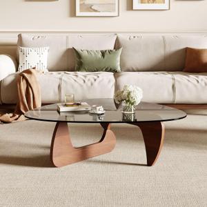 Modern Coffee Table for Living Room and Small Spaces, 43.3" x 29.5" x 15.8" Triangle Tempered Glass Table Top and Eco-Friendly Solid Wood Base, Walnut