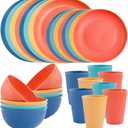 LIYH 32 Pcs Wheat Straw Dinnerware Sets - Plastic Plates and Bowls Set,Reusable Plastic Plates,Dishes Set for 8,Unbreakable & Dishwasher Dinnerware Stes,Thanksgiving Halloween Fall Decor (Yellow Orange Blue Nave Blue)