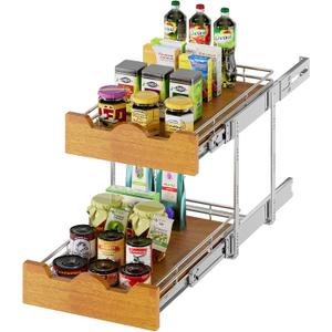 DINDON 2 Tier Pull Out Cabinet Organizer (11" W x 21" D) Slide Out Wood Shelf Organizers Double Tier Kitchen Wire Basket with Chrome Finish